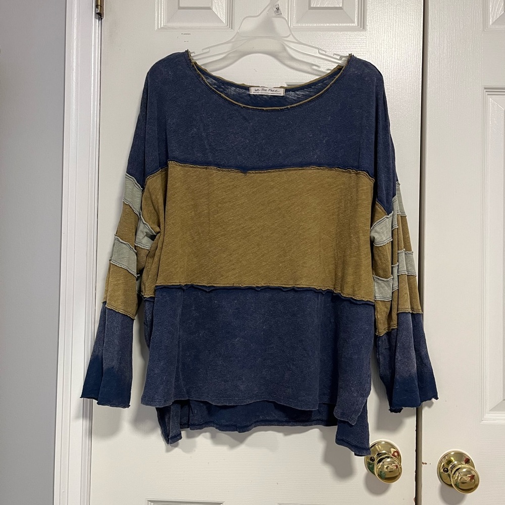 Free People Bobbi Long Sleeve Blue and Green Oversized Tee (XS)